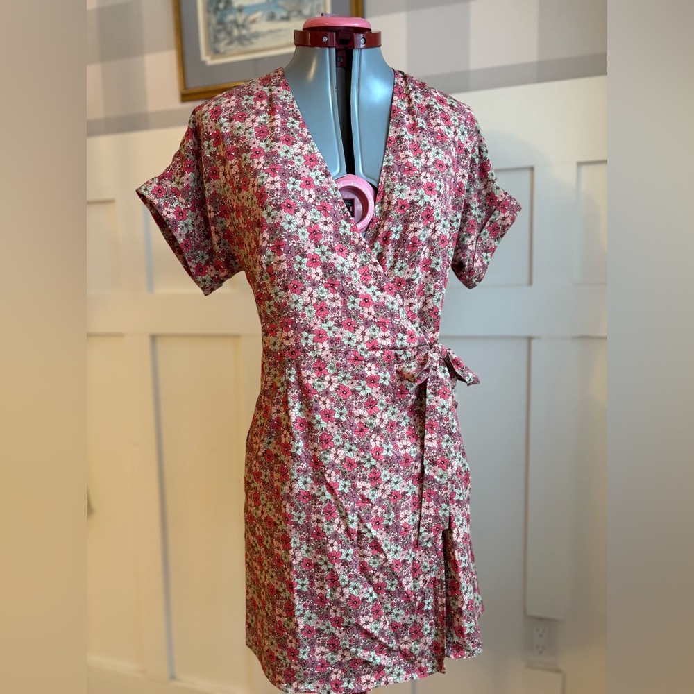 Frank & Oak Pink Floral Wrap Dress with Cream Accents XS - Picture 2 of 12